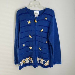 Vtg Quacker Factory Blue Embellished Full Zip Boucle Trim Angel Sweater